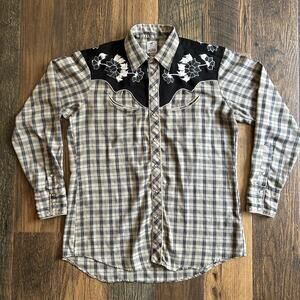 The Hustler Collection Western Shirt Men’s 16.5/34 Plaid Pearl Snap Embroidered